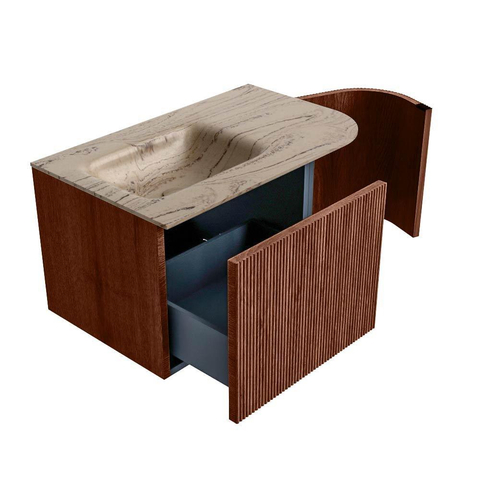 MONDIAZ KURVE-DLUX Meuble de salle de bains 75cm arrondi à droite couleur Ruby avec 1 tiroir et 1 porte. Lavabo GRUNNE à gauche 1 trou de robinet Arena. SW1431458