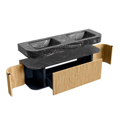 MONDIAZ THOR-DLUX 150cm badmeubel ronding links + rechts kleur Oak met 1 lade en 2 deuren. Vrijhangende wastafel CLOUD Dubbel zonder kraangat kleur Lava. SW1464621