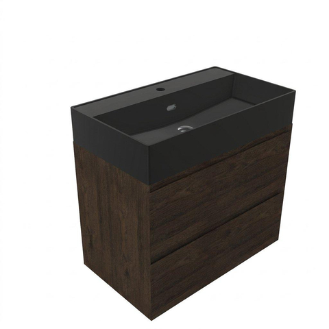 Saniclass Holz Pure Badkamermeubelset - 80x45x72cm - Legend keramische wastafel mat zwart - 1 wasbak - zonder kraangat - 2 lades - mat eiken charcoal (hout) SW1580173