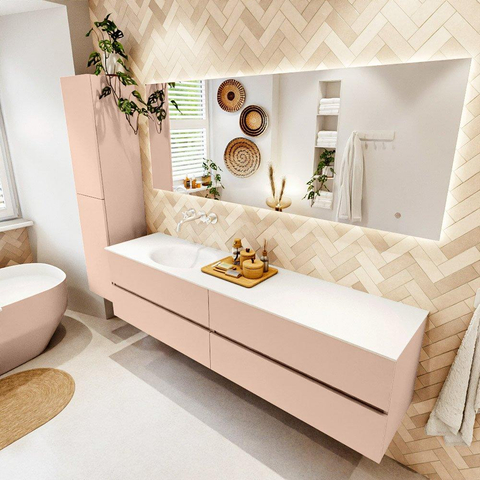 MONDIAZ Vica Ensemble meuble de salle de bains - 190cm - meuble sous-vasque rosee - 4 tiroirs - lavabo moon gauche - sans trous de robinet - version haute 60cm - talc SW1080431