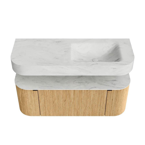 MONDIAZ THOR-DLUX Meuble de salle de bains 120cm arrondi gauche + droite couleur Oak avec 1 tiroir et 2 portes. Vasque suspendue CLOUD Droite sans trou de robinet couleur Opalo. SW1463095