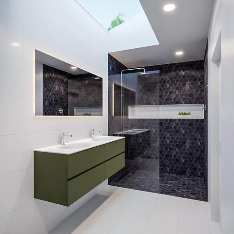 MONDIAZ VICA Ensemble de meuble salle de bain - 150cm - 4 tiroirs - lavabo Moon double - 2 trous de robinet - solid surface army SW410147