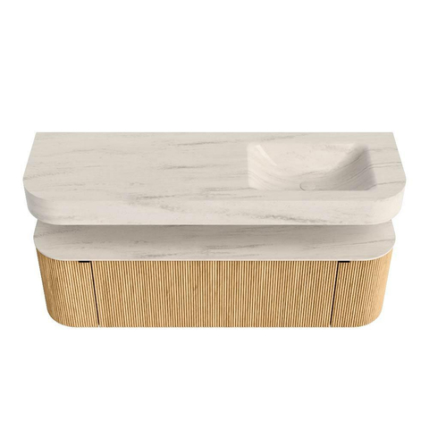 MONDIAZ THOR-DLUX 150cm meuble de salle de bains arrondi gauche + droite couleur Oak avec 1 tiroir et 2 portes. Vasque suspendue CLOUD droite 1 trou de robinet couleur Meli. SW1464744