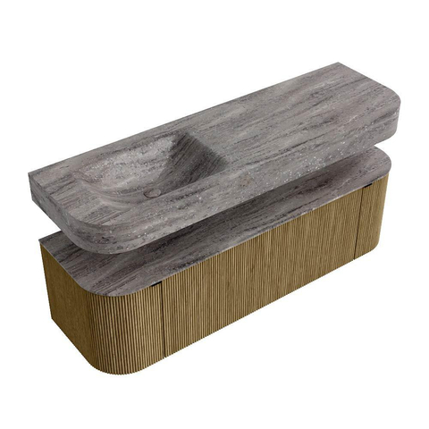 MONDIAZ THOR-DLUX 150cm meuble de salle de bains arrondi gauche + droite couleur Dusk avec 1 tiroir et 2 portes. Vasque suspendue CLOUD Gauche sans trou de robinet couleur Oza. SW1464853
