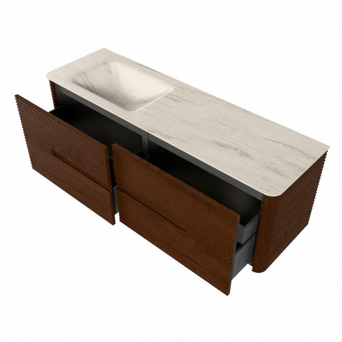 Mondiaz CIRO-DLUX Meuble de salle de bains - 150x45x50cm - Plan vasque Solid surface Meli - 1 lavabo à gauche - 1 trou de robinet - 4 tiroirs - Ruby SW1531767
