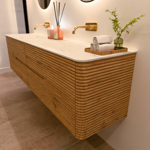 Mondiaz CIRO-DLUX Badkamermeubelset - 190x45x50cm - Solid surface wastafel Opalo - 2 wasbak Dubbel - zonder kraangaten - 4 lades - Oak SW1530943