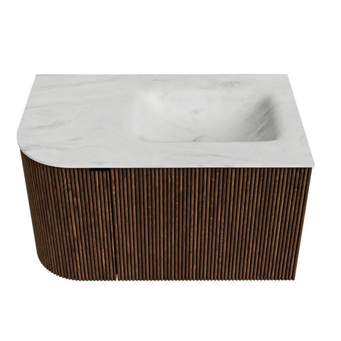 MONDIAZ KURVE-DLUX Meuble de salle de bains 75 cm avec module 25 L couleur Walnut avec 1 tiroir et 1 porte. Lavabo GRUNNE à droite sans trou de robinet couleur Opalo. SW1137620