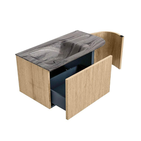 MONDIAZ KURVE-DLUX Meuble de salle de bains 85 cm arrondi à droite couleur Chêne avec 1 tiroir et 1 porte. Plan-vasque CLOUD à gauche sans trou de robinet Sombra. SW1434055