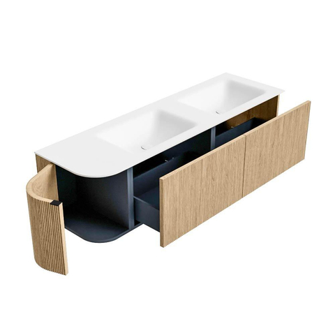 MONDIAZ KURVE 155cm badmeubel met module 25 L kleur Oak met 2 lades en 1 deur. Wastafel CLOUD dubbel / rechts zonder kraangat Talc. SW1138228