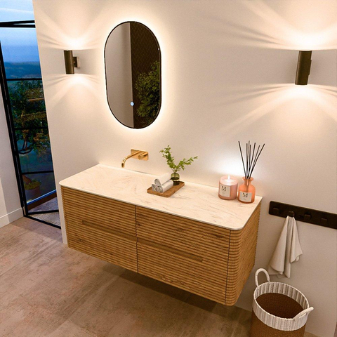 Mondiaz CIRO-DLUX Meuble de salle de bains - 130x45x50cm - Plan-vasque en solid surface Ostra - 1 vasque à gauche - sans trous de robinet - 4 tiroirs - Chêne SW1530921
