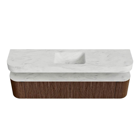 MONDIAZ THOR-DLUX 200cm badmeubel ronding links + rechts kleur Walnut met 2 lades en 2 deuren. Vrijhangende wastafel CLOUD Midden zonder kraangat kleur Opalo. SW1467009