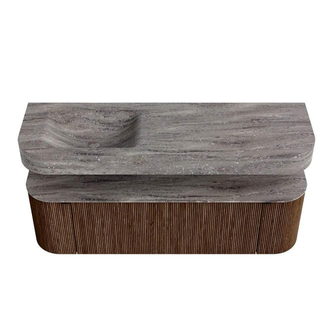 MONDIAZ THOR-DLUX 150cm meuble de salle de bains arrondi gauche + droite couleur Walnut avec 1 tiroir et 2 portes. Vasque suspendue CLOUD Gauche 1 trou de robinet couleur Oza. SW1467676