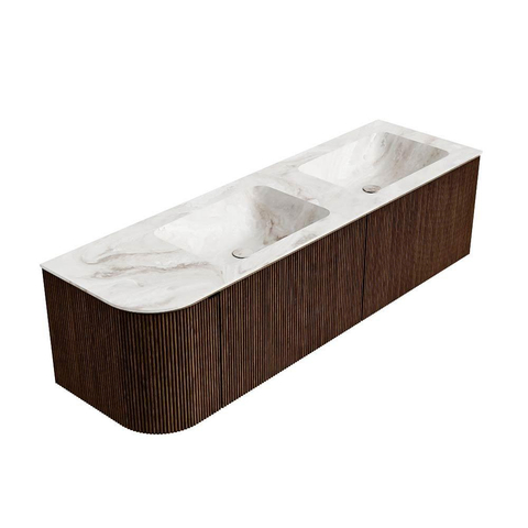 MONDIAZ KURVE-DLUX meuble de salle de bains 155cm avec module 25 L couleur Walnut avec 2 tiroirs et 1 porte. Lavabo LEAF double / à droite sans trou de robinet couleur Frappe. SW1137480