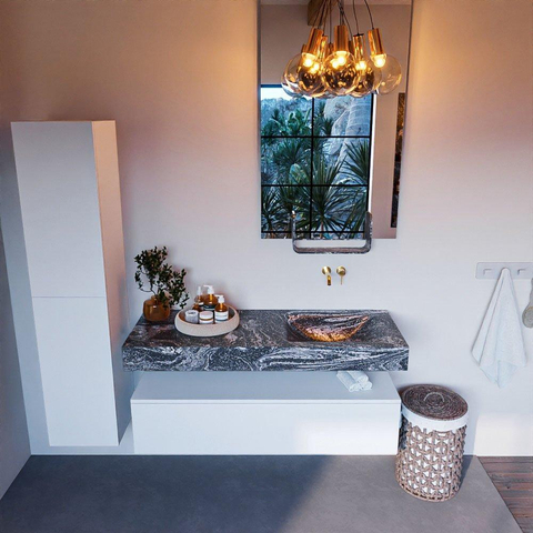 Mondiaz ALAN-DLUX Ensemble de meuble - 130cm - meuble Talc mat - 1 tiroir - Lavabo Cloud Lava suspendu - vasque droite - 0 trous de robinet SW807919
