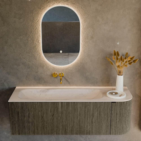 MONDIAZ KURVE-DLUX Meuble de salle de bains 135cm arrondi à droite couleur Shadow avec 1 tiroir et 1 porte. Lavabo BIG MEDIUM gauche sans trou de robinet Meli. SW1431796