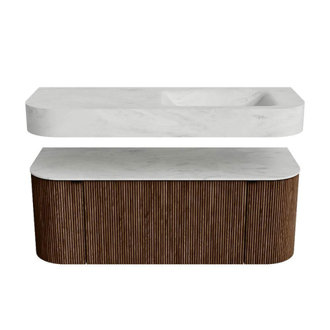 MONDIAZ THOR-DLUX 120cm badmeubel ronding links + rechts kleur Walnut met 1 lade en 2 deuren. Vrijhangende wastafel CLOUD Rechts 1 kraangat kleur Opalo. SW1463252