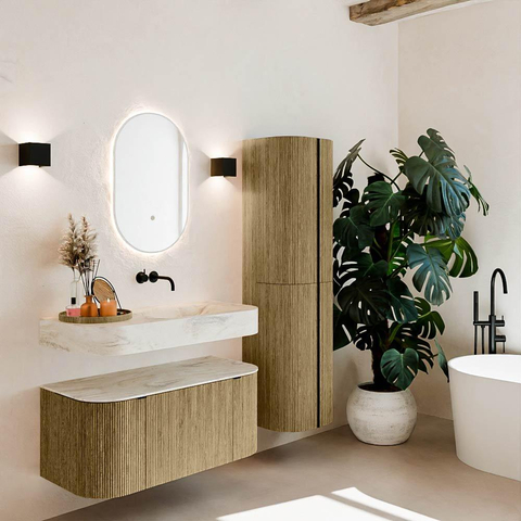 MONDIAZ THOR-DLUX Meuble de salle de bains 100cm arrondi gauche + droite couleur Dusk avec 1 tiroir et 2 portes. Vasque suspendue CLOUD droite sans trou de robinet couleur Ostra. SW1467345
