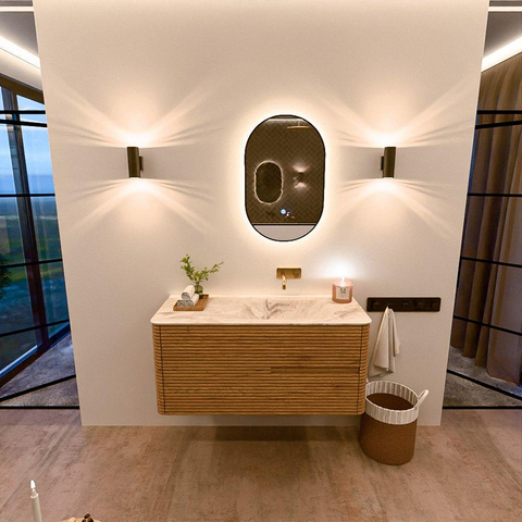 Mondiaz CIRO-DLUX Meuble de salle de bains - 110x45x50cm - lavabo solid surface Frappe - 1 vasque à droite - sans trous de robinetterie - 2 tiroirs - Chêne SW1530889