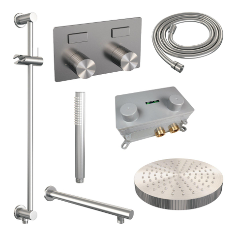 BRAUER Stripe Douche de pluie thermostatique encastrée - boutons-poussoirs - SET 31 - pomme de douche 25cm - bras mural droit - douchette à main barre - flexible de douche - barre coulissante intégrée - couleur inox brossé PVD SW1435265