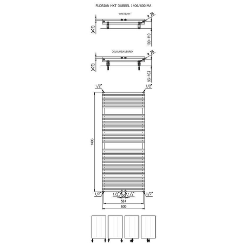Plieger Florian Nxt M radiateur design double horizontal avec raccordement central 1406x600mm 1153W blanc 7255239
