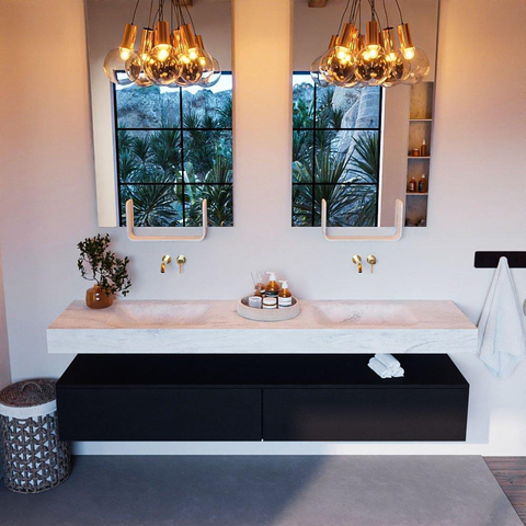 Mondiaz ALAN-DLUX Ensemble de meuble - 200cm - meuble Urban mat - 2 tiroirs - Lavabo Cloud Opalo suspendu - vasque Gauche et droite - 0 trous de robinet SW806319