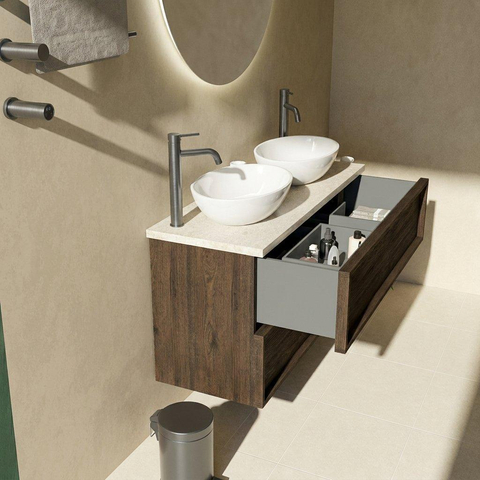 Saniclass Holz Frame Badkamermeubelset - 120x45x63cm - Travertine natuurstenen topblad - 2 kraangaten - 2 lades - mat eiken charcoal (hout) SW1580039