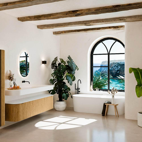 MONDIAZ THOR Meuble de salle de bains - 190cm - arrondi gauche + droite - couleur Oak - 2 tiroirs et 2 portes - Vasque suspendue CLOUD Milieu sans trou de robinet - couleur Talc SW1466361