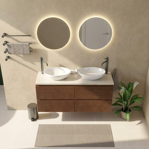 Saniclass Holz Atelier Badkamermeubelset - 140x45x63cm - Travertine natuurstenen topblad - 2 kraangaten - 4 lades - mat walnut pure (hout) SW1478898
