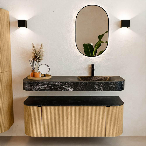 MONDIAZ THOR-DLUX 130cm badmeubel ronding links + rechts kleur Oak met 1 lade en 2 deuren. Vrijhangende wastafel CLOUD Rechts 1 kraangat kleur Lava. SW1463529