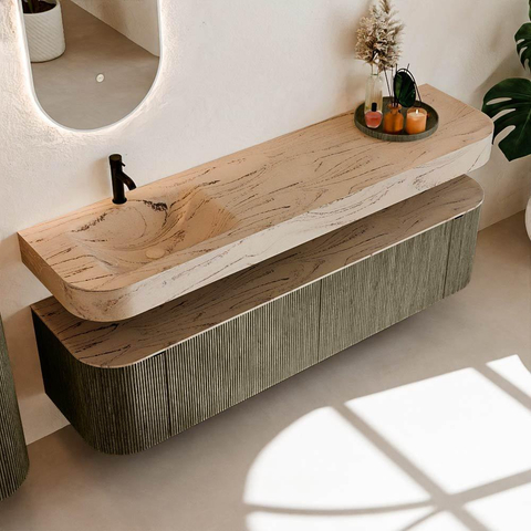 MONDIAZ THOR-DLUX 180cm meuble de salle de bains arrondi gauche + droite couleur Shadow avec 2 tiroirs et 2 portes. Vasque suspendue CLOUD Gauche 1 trou de robinet couleur Arena. SW1466139