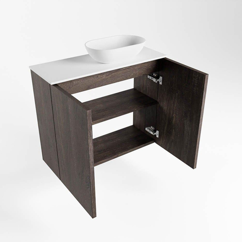Mondiaz Fowy Meuble de toilette - 60x50x23cm - marron foncé mat - 1 trou de robinet - lavabo à droite - 2 portes - solid surface - plan Mélamine - lavabo : blanc SW761355