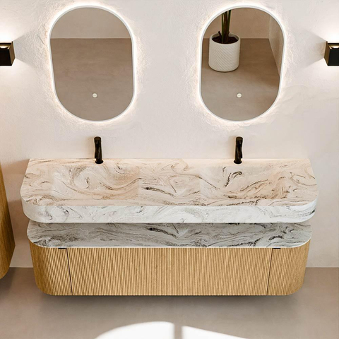 MONDIAZ THOR-DLUX 170cm meuble de salle de bains arrondi gauche + droite couleur Chêne avec 1 tiroir et 2 portes. Vasque suspendue CLOUD Double 2 trous de robinet couleur Glace. SW1465416
