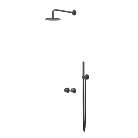 IVY Tribe Ensemble de douche pluie - encastré - symmetry - inverseur d’arrêt 2 voies - bras de plafond 20 cm - pomme de douche principale medium 20 cm - support avec sortie - flexible de douche 150 cm - douchette stick - RVS316 - PVD noir carbone brossé SW1032165