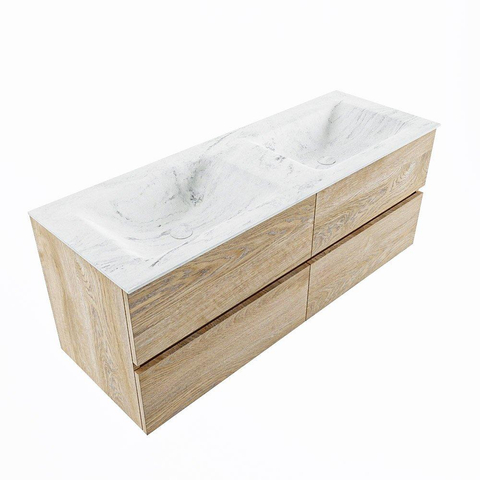 MONDIAZ VICA-DLUX Ensemble meuble de salle de bains - 130cm - meuble bas Washed oak - 4 tiroirs - vasque encastrée cloud double - 2 trous de robinet - version haute 60cm - opalo SW1088441