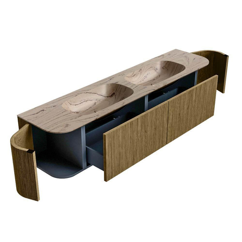 MONDIAZ KURVE-DLUX 190cm meuble de salle de bains arrondi Gauche + Droite couleur Dusk avec 2 tiroirs et 2 portes. Lavabo STOR SMALL Double sans trou de robinet Arena. SW1431416