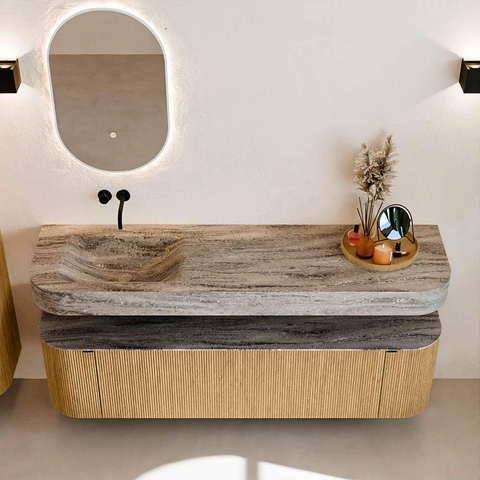 MONDIAZ THOR-DLUX 170cm badmeubel ronding links + rechts kleur Oak met 1 lade en 2 deuren. Vrijhangende wastafel CLOUD Links zonder kraangat kleur Oza. SW1465668