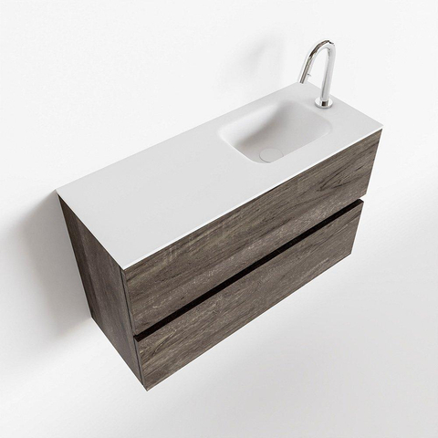 MONDIAZ ADA Toiletmeubel 80x30x50cm met 1 kraangaten 2 lades dark brown mat Wastafel Lex rechts Solid Surface Wit SW472793