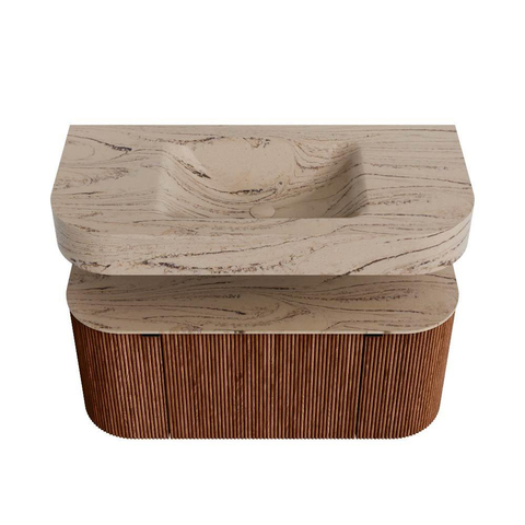 MONDIAZ THOR-DLUX 100cm meuble de salle de bains arrondi gauche + droite couleur Ruby avec 1 tiroir et 2 portes. Vasque suspendue CLOUD Milieu 1 trou de robinet couleur Arena. SW1467459