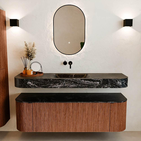 MONDIAZ THOR-DLUX 150cm badmeubel ronding links + rechts kleur Ruby met 1 lade en 2 deuren. Vrijhangende wastafel CLOUD Midden zonder kraangat kleur Lava. SW1464582