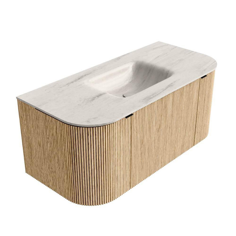 MONDIAZ KURVE-DLUX meuble de salle de bains 100cm arrondi Gauche + Droite couleur Chêne avec 1 tiroir et 2 portes. Lavabo GRUNNE Central sans trou de robinet Meli. SW1431577