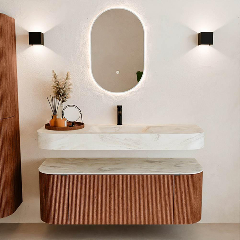 MONDIAZ THOR-DLUX 130cm meuble de salle de bains arrondi gauche + droite couleur Ruby avec 1 tiroir et 2 portes. Vasque suspendue CLOUD Milieu 1 trou de robinet couleur Ostra. SW1463766