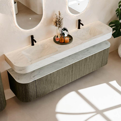 MONDIAZ THOR-DLUX Meuble de salle de bains - 190cm - arrondi gauche + droite - couleur Shadow - 2 tiroirs - 2 portes - Vasque suspendue CLOUD Double 2 trous de robinet - couleur Opalo SW1466572
