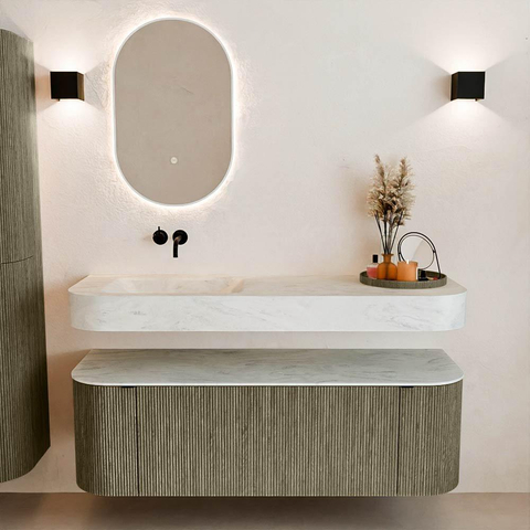 MONDIAZ THOR-DLUX 140cm meuble de salle de bains arrondi gauche + droite couleur Shadow avec 1 tiroir et 2 portes. Vasque suspendue CLOUD Gauche sans trou de robinet couleur Opalo. SW1464202