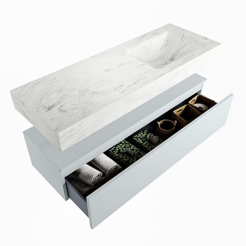 Mondiaz ALAN-DLUX Ensemble de meuble - 130cm - meuble Clay mat - 1 tiroir - Lavabo Cloud Opalo suspendu - vasque Droite - 1 trou de robinet SW806829