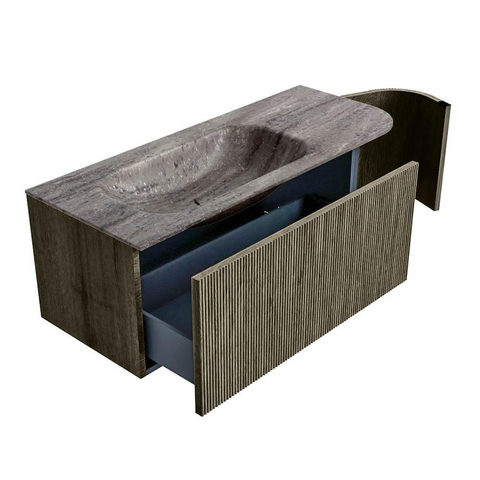 MONDIAZ KURVE-DLUX 115cm badmeubel ronding Rechts kleur Shadow met 1 lade en 1 deur. Wastafel BIG SMALL Links zonder kraangat Oza. SW1432887