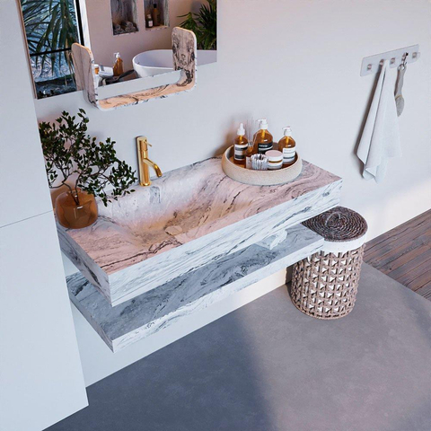 Mondiaz ALAN-DLUX Ensemble de meuble - 100cm - meuble Glace mat - 0 tiroirs - Lavabo Cloud Glace suspendu - vasque Gauche - 1 trou de robinet SW809098