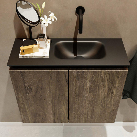 MONDIAZ TURE Toiletmeubel 60x23x50cm met 0 kraangaten 2 deuren dark brown mat Wastafel Eden rechts Solid Surface Zwart SW475535