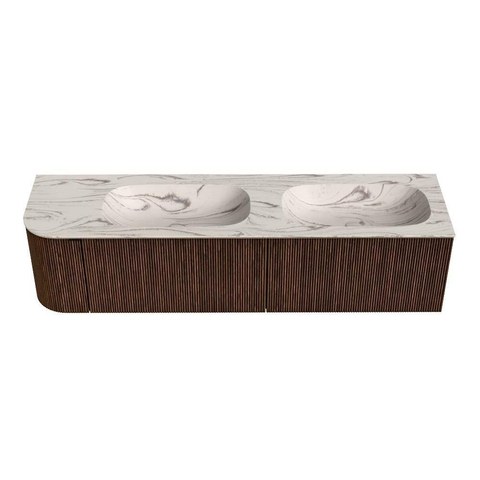 MONDIAZ KURVE-DLUX 175cm badmeubel ronding Links kleur Walnut met 2 lades en 1 deur. Wastafel STOR SMALL Dubbel / Rechts 2 kraangaten Nata. SW1432242