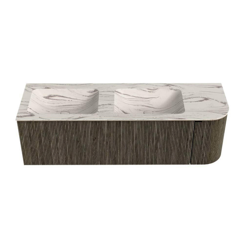 MONDIAZ KURVE-DLUX 145cm meuble de salle de bains arrondi Droit couleur Shadow avec 1 tiroir et 1 porte. Lavabo LEAF Double / Gauche 2 trous de robinet Nata. SW1432322