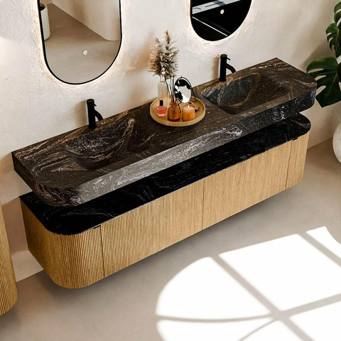 MONDIAZ THOR-DLUX Meuble de salle de bains 190cm arrondi gauche + droite couleur Chêne avec 2 tiroirs et 2 portes. Vasque suspendue CLOUD Double 2 trous de robinet couleur Lava. SW1466381